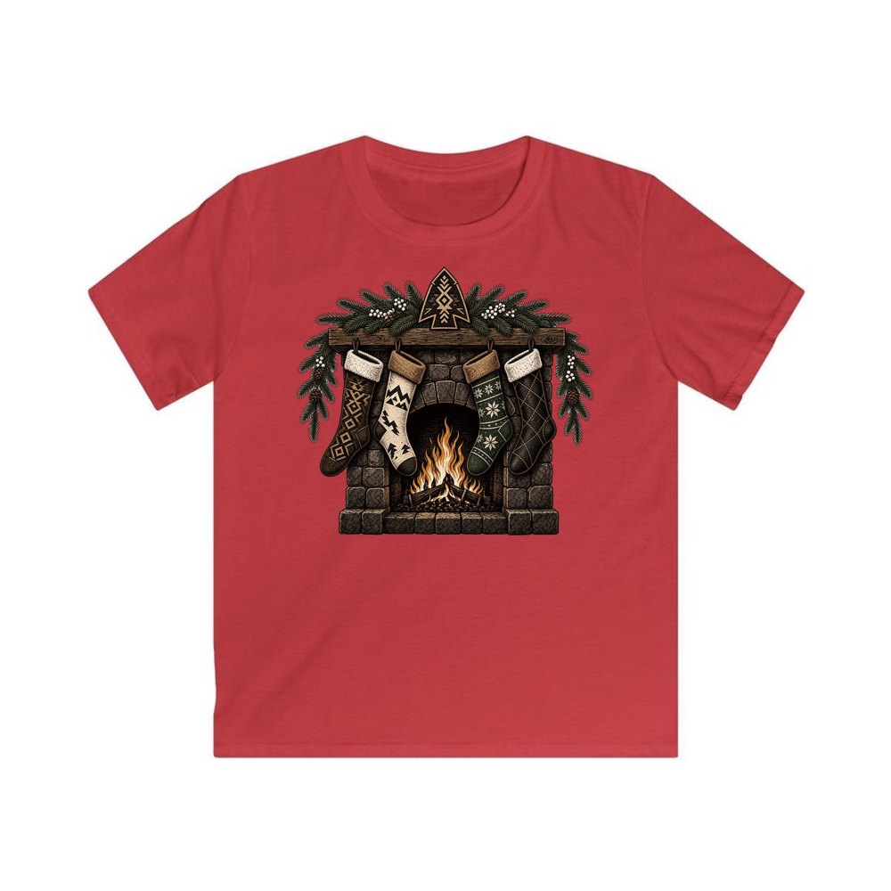 Lodge Fireplace and Stockings personalised kids Christmas tee in red
