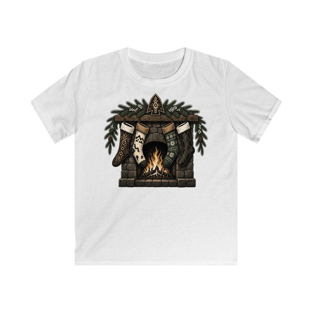 Lodge Fireplace and Stockings personalised kids Christmas tee in white