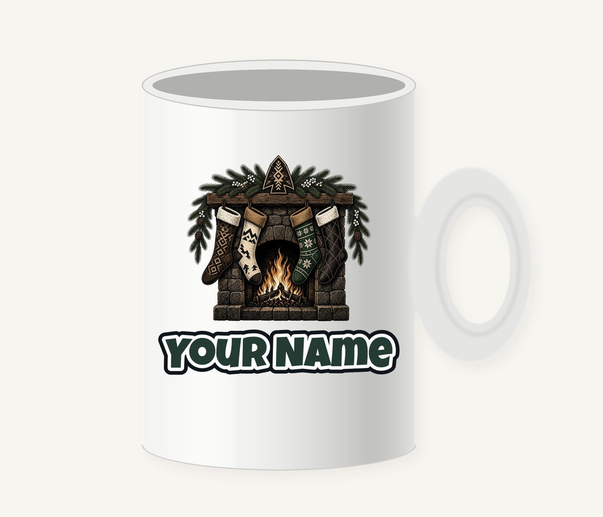 Lodge Fireplace and Stockings Personalised Christmas Mug