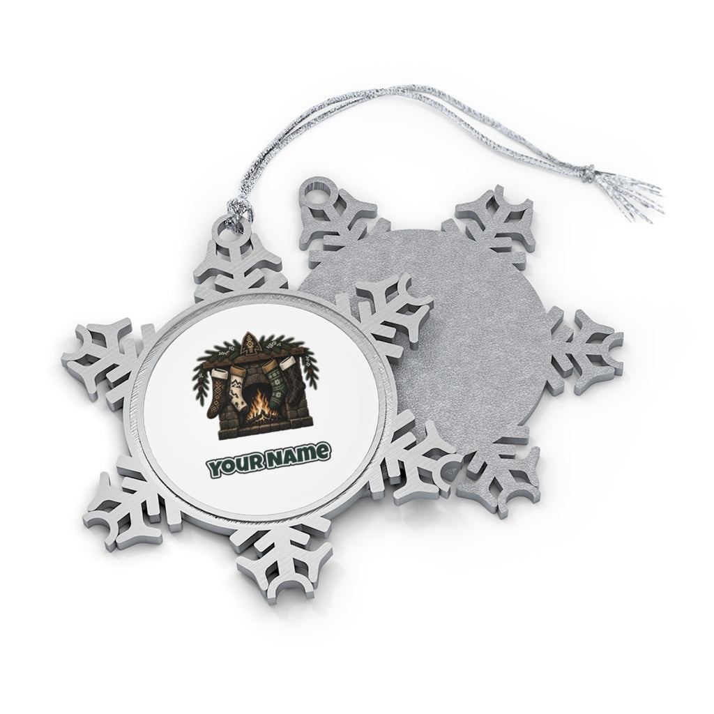 Lodge Fireplace and Stockings Personalised Pewter Christmas Ornament
