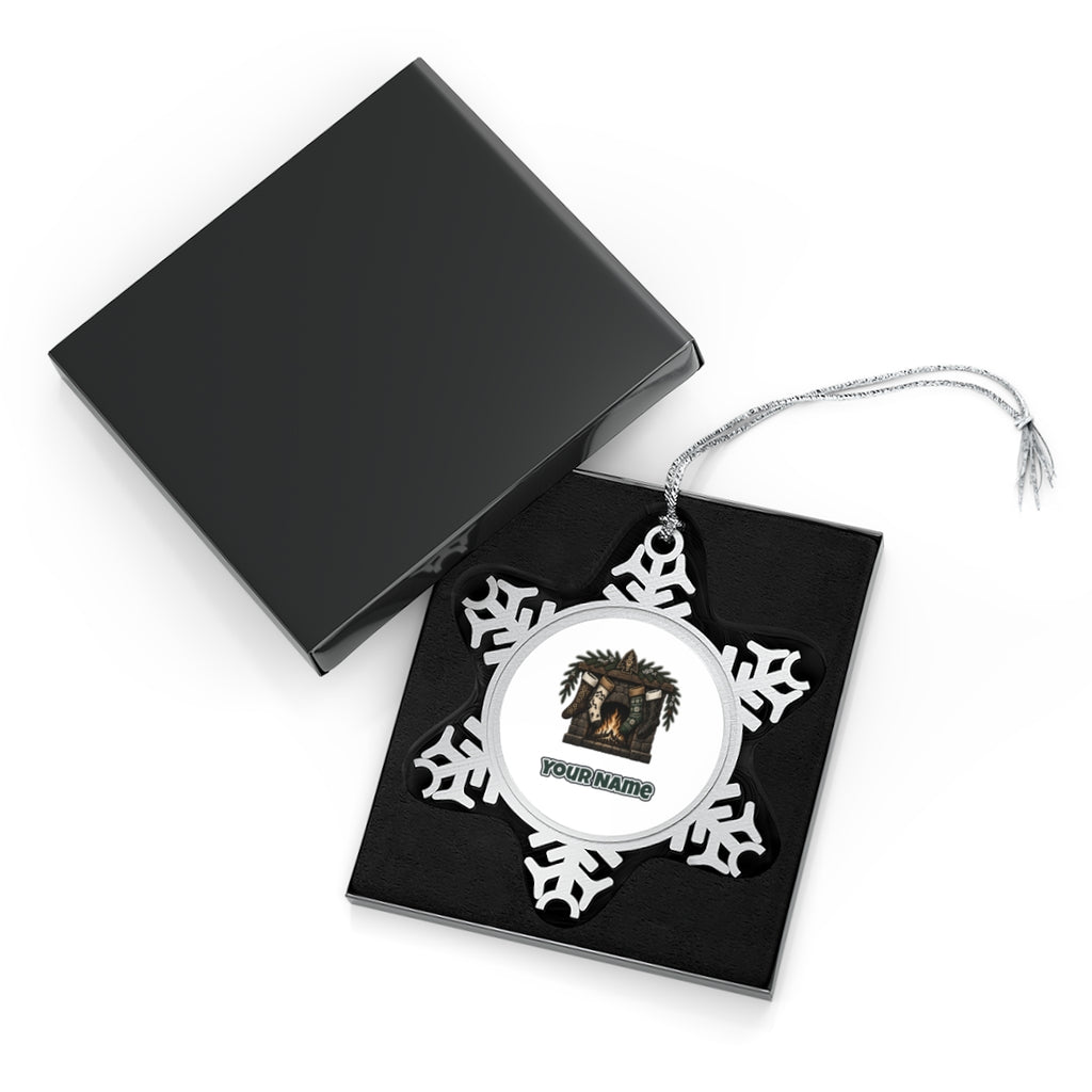 Lodge Fireplace and Stockings Personalised Pewter Christmas Ornament