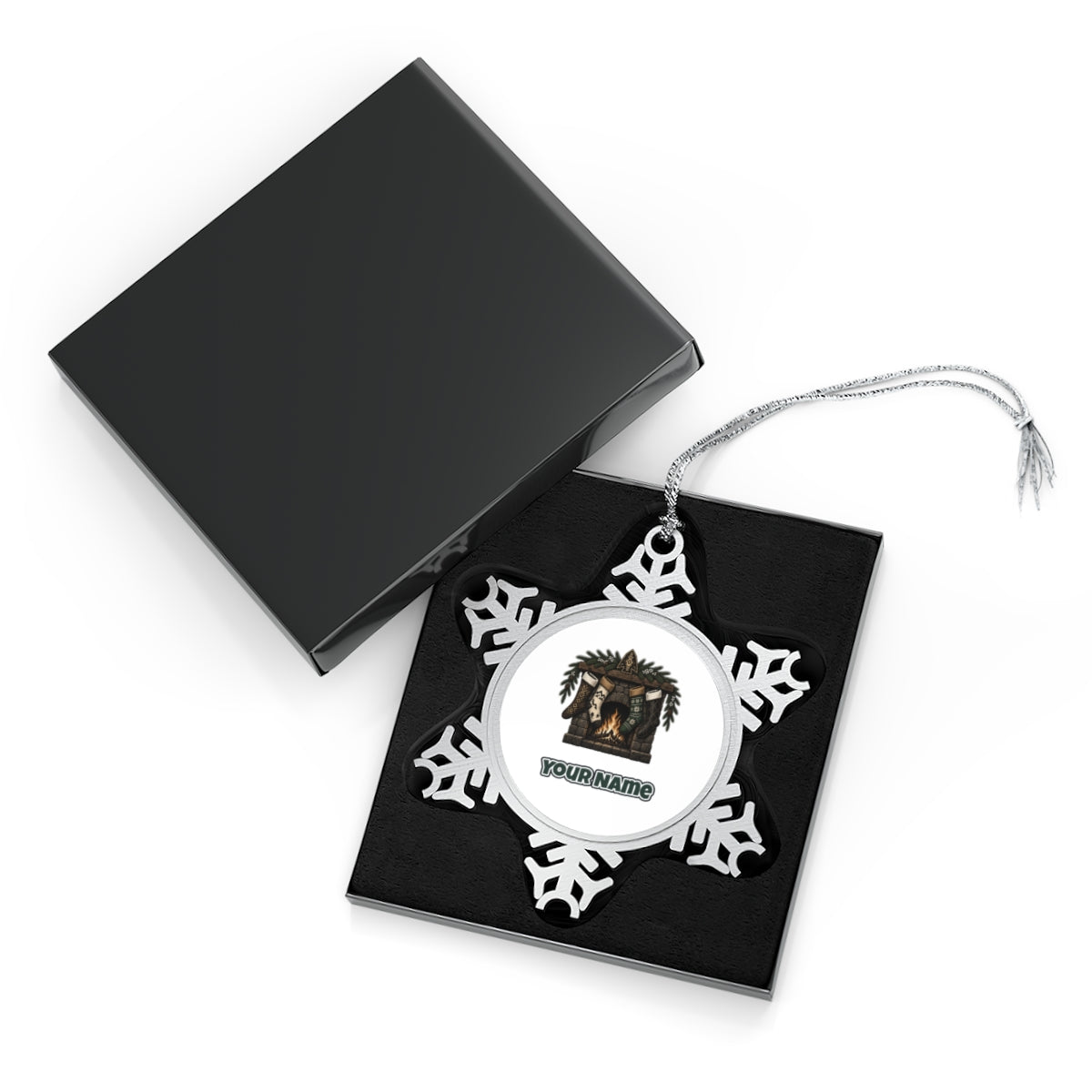 Lodge Fireplace and Stockings Personalised Pewter Christmas Ornament