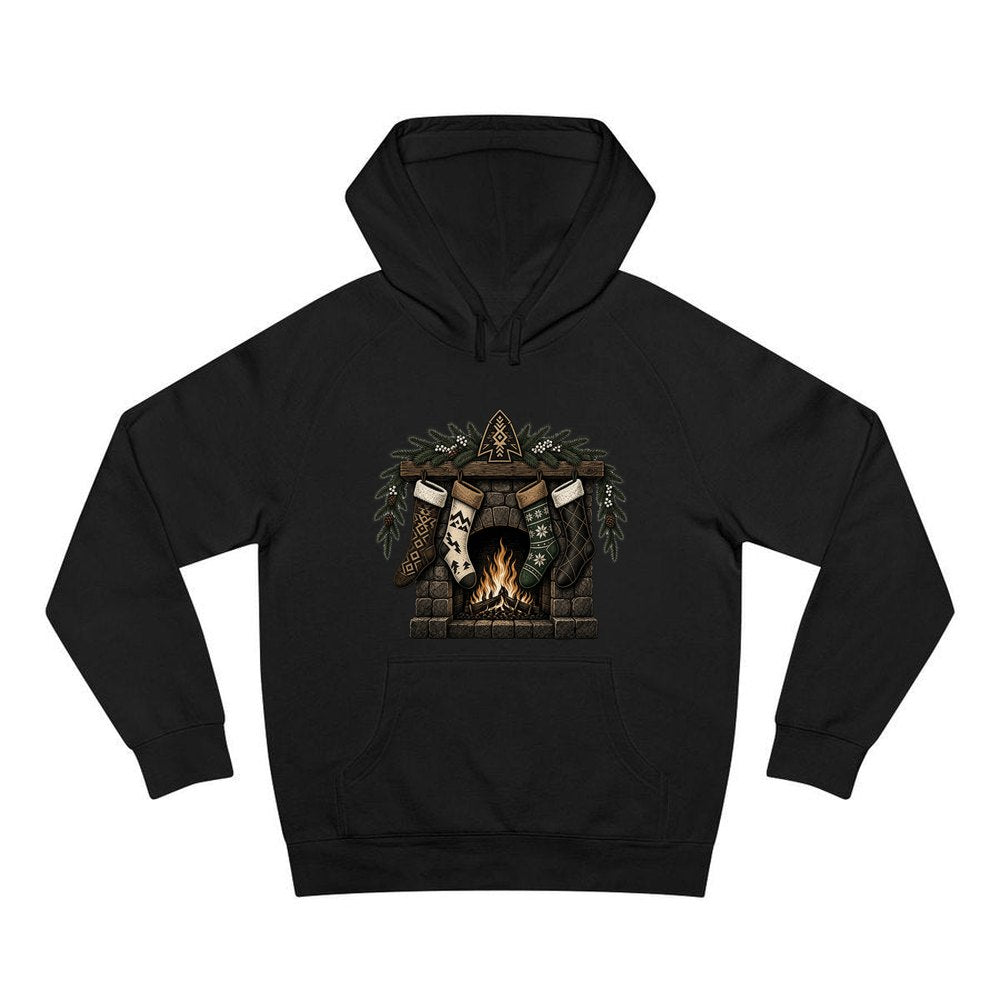 Lodge Fireplace and Stockings personalised Christmas hoodie in black