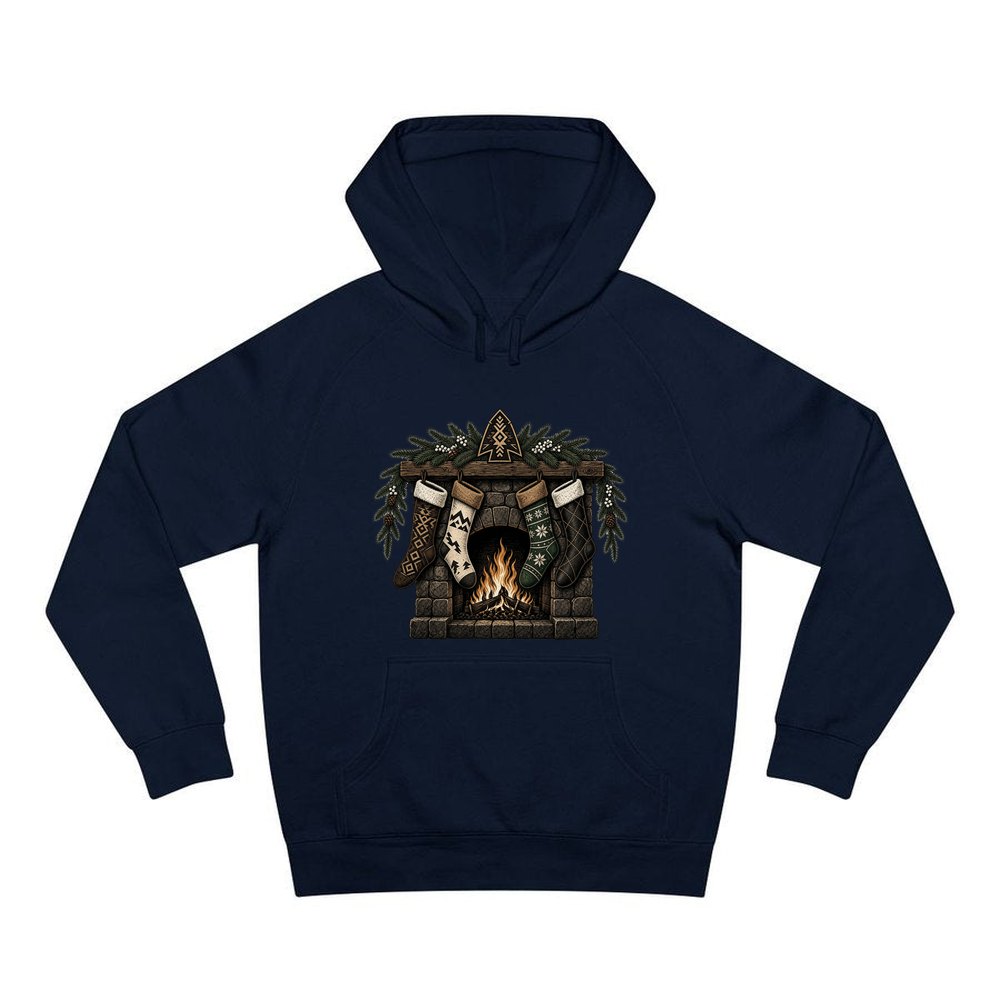 Lodge Fireplace and Stockings personalised Christmas hoodie in navy