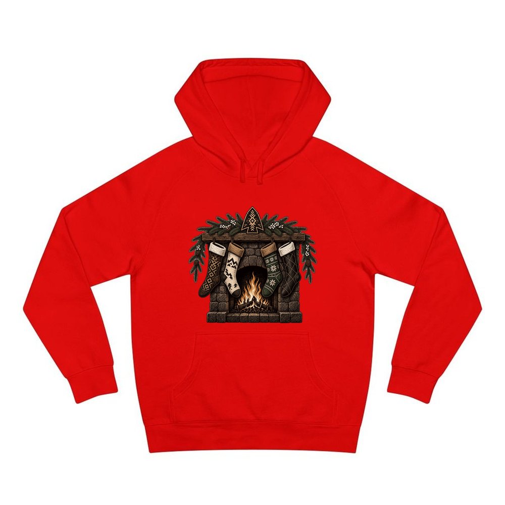 Lodge Fireplace and Stockings personalised Christmas hoodie in red