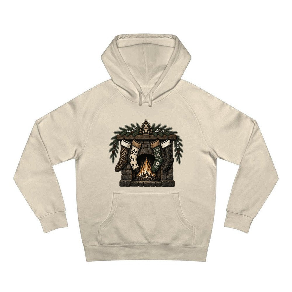 Lodge Fireplace and Stockings personalised Christmas hoodie in sand