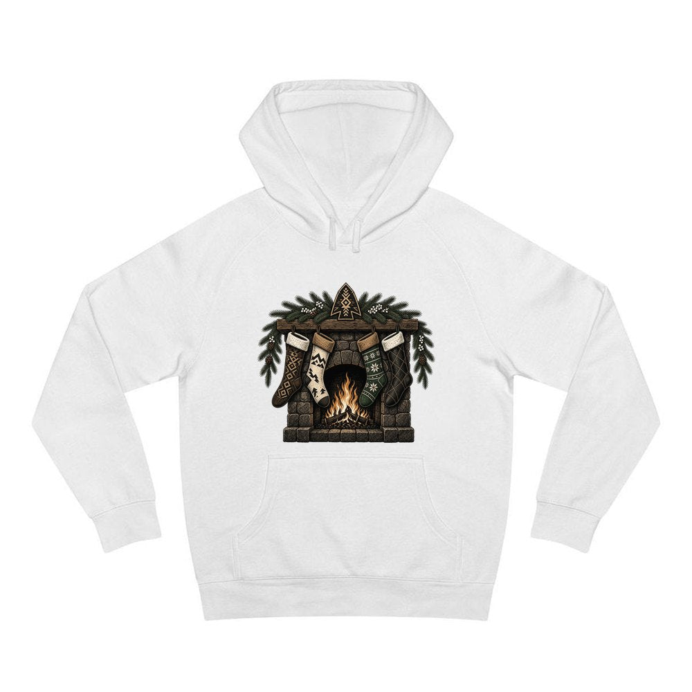 Lodge Fireplace and Stockings personalised Christmas hoodie in white