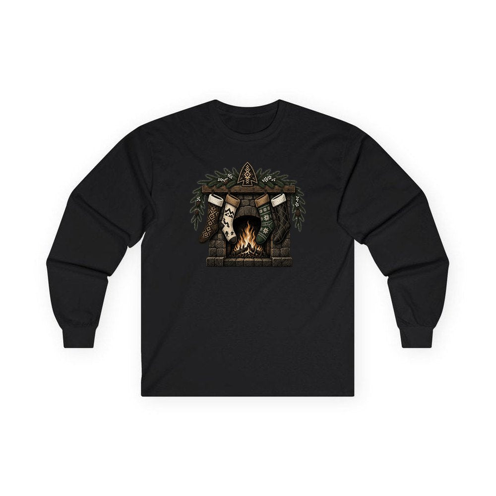 Lodge Fireplace and Stockings personalised long sleeve Christmas T-shirt in black