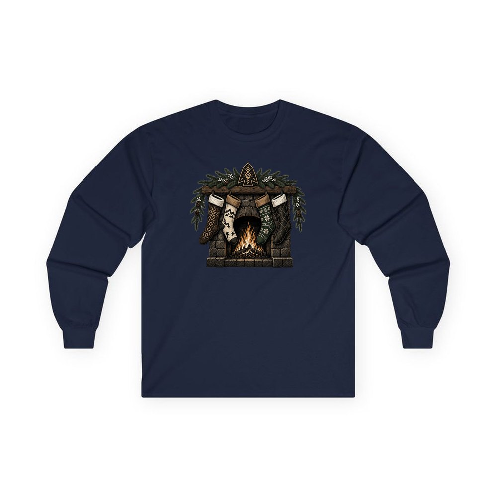Lodge Fireplace and Stockings personalised long sleeve Christmas T-shirt in navy