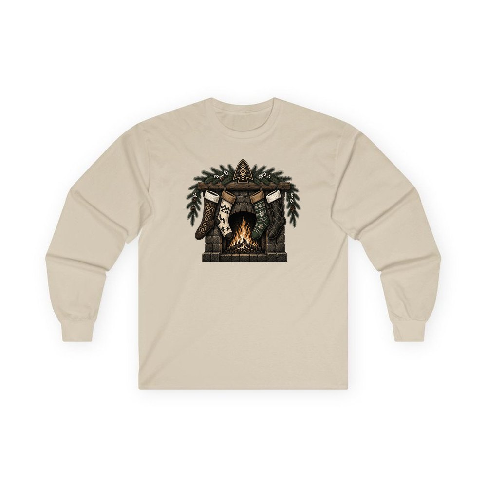 Lodge Fireplace and Stockings personalised long sleeve Christmas T-shirt in sand