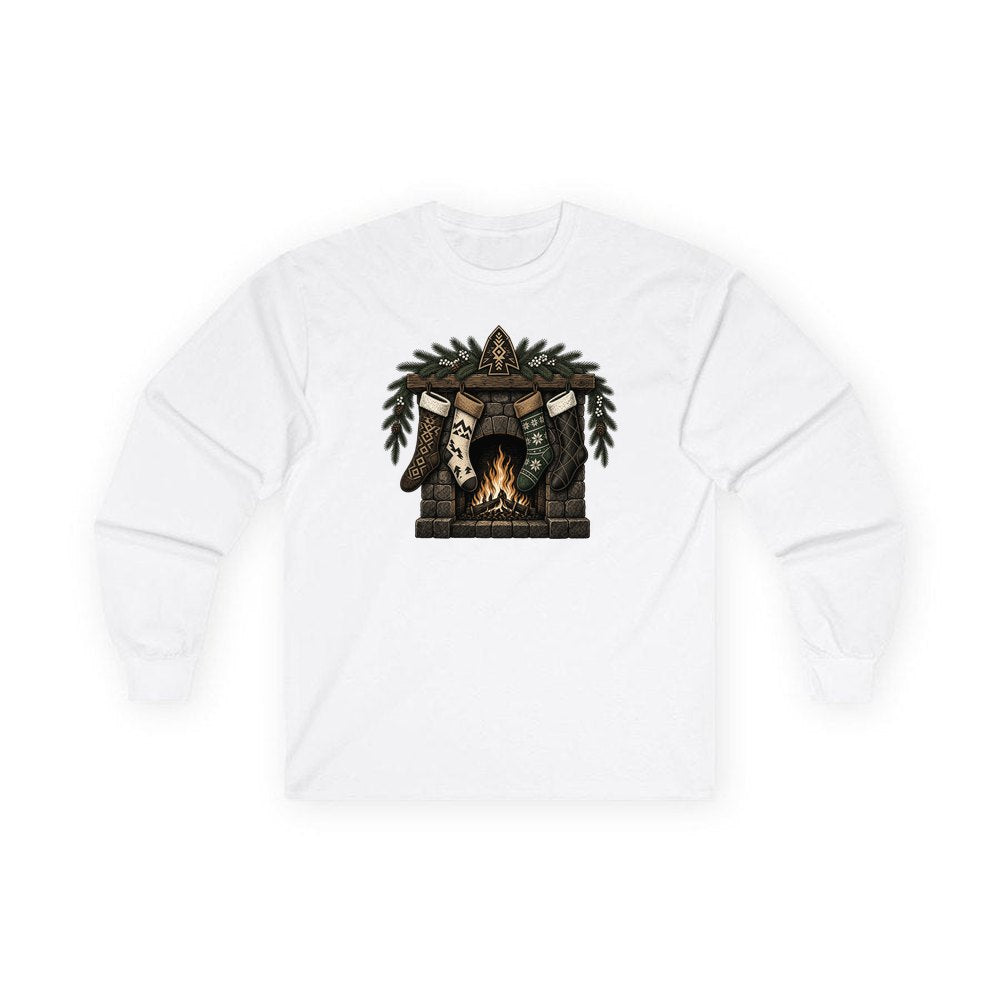 Lodge Fireplace and Stockings personalised long sleeve Christmas T-shirt in white