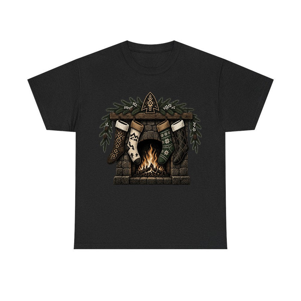 Lodge Fireplace and Stockings personalised Christmas T-shirt in black