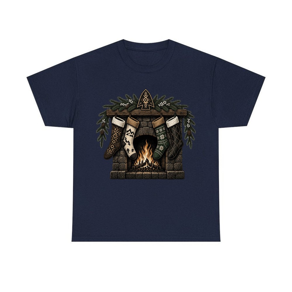 Lodge Fireplace and Stockings personalised Christmas T-shirt in navy
