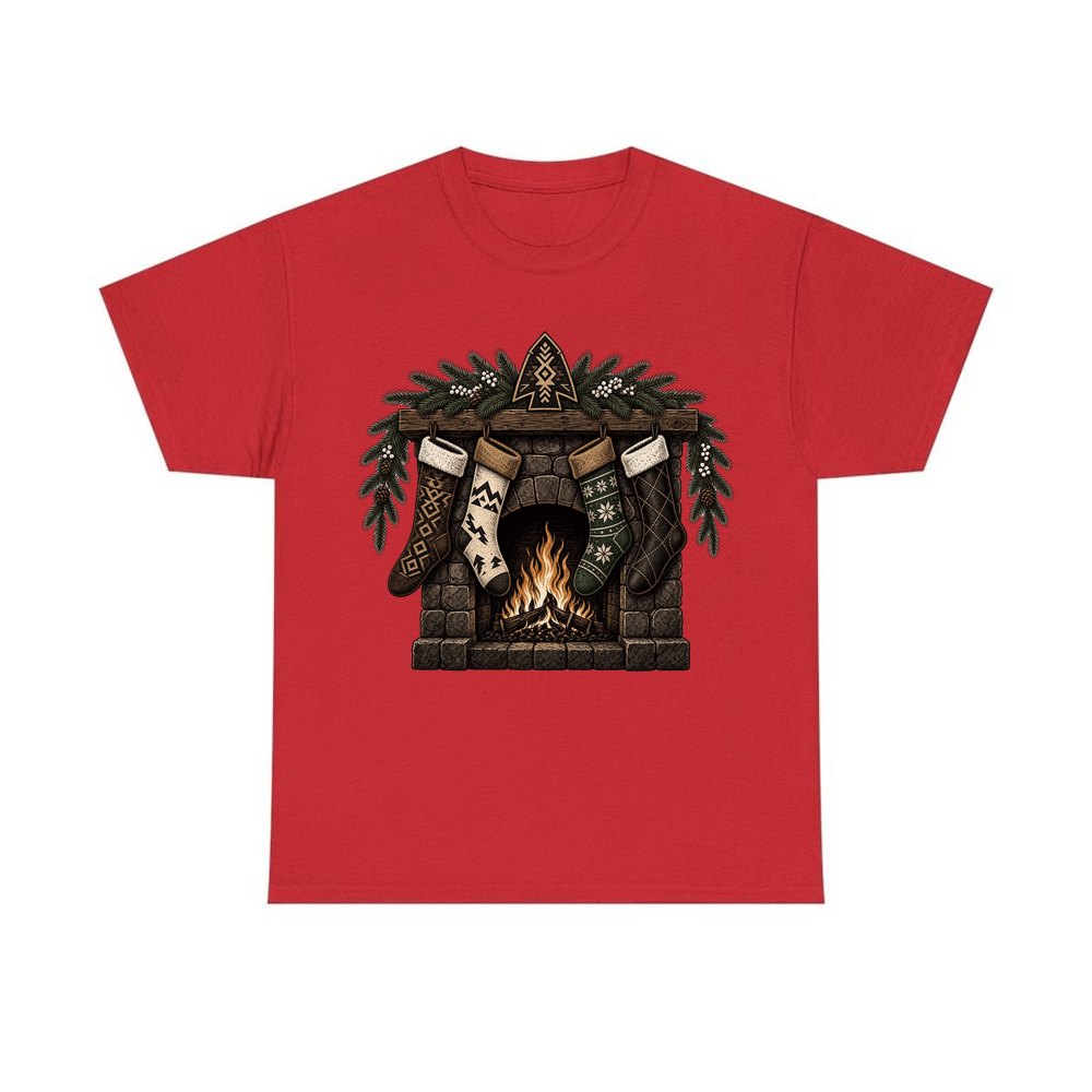 Lodge Fireplace and Stockings personalised Christmas T-shirt in red