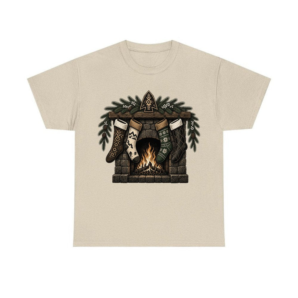 Lodge Fireplace and Stockings personalised Christmas T-shirt in sand