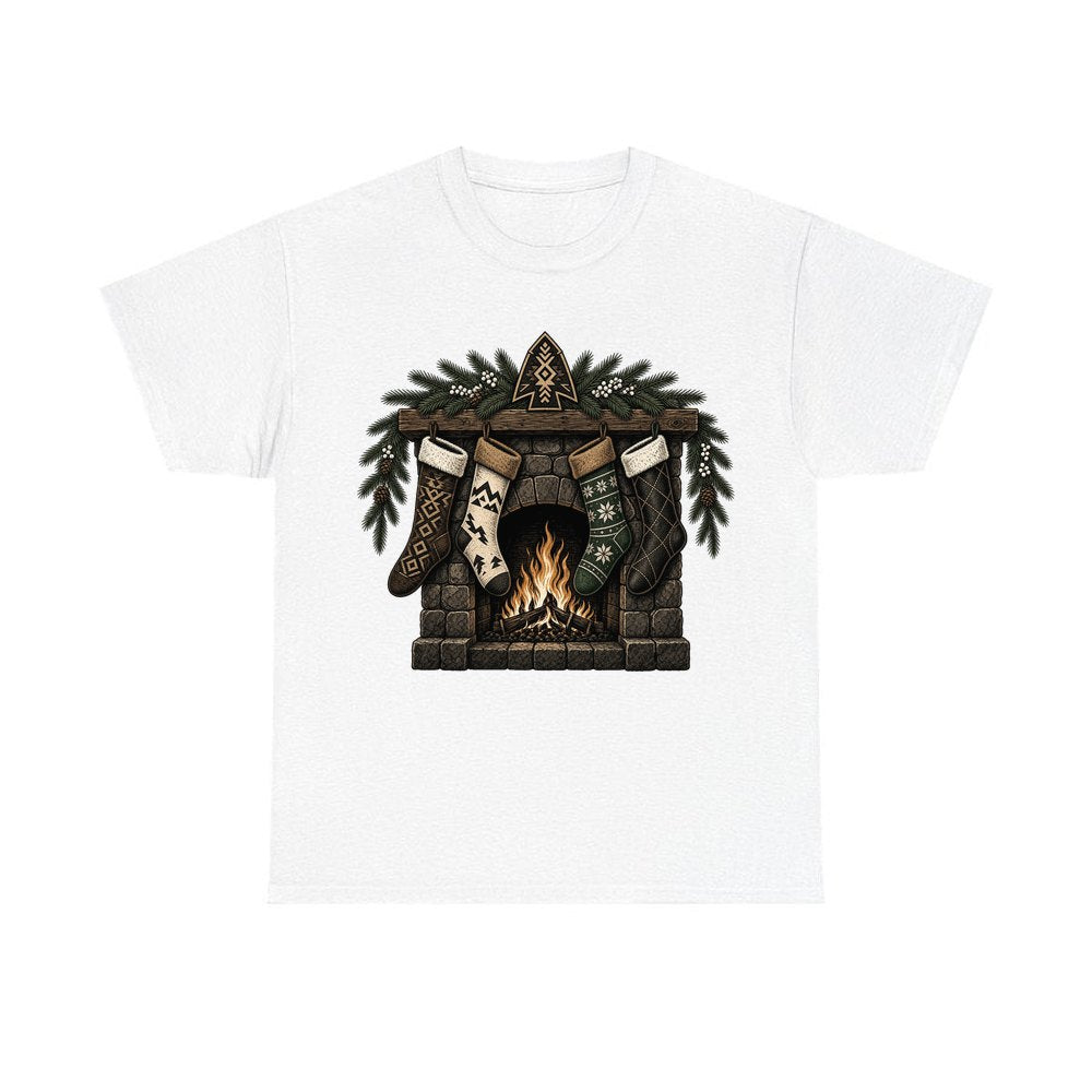 Lodge Fireplace and Stockings personalised Christmas T-shirt in white