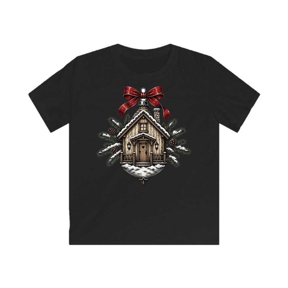 Log Cabin Bauble Ornament personalised kids Christmas tee in black