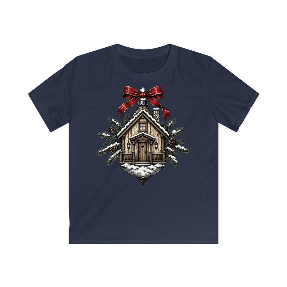 Log Cabin Bauble Ornament personalised kids Christmas tee in navy