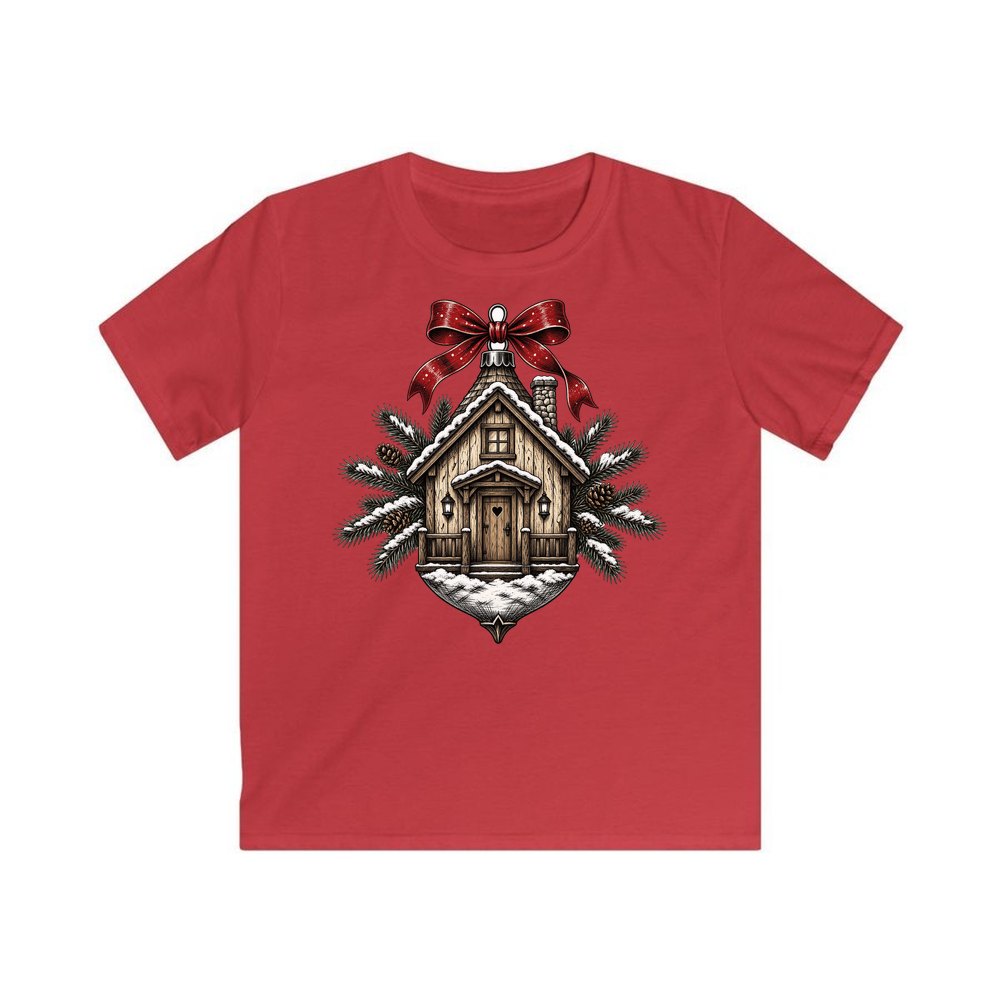 Log Cabin Bauble Ornament personalised kids Christmas tee in red