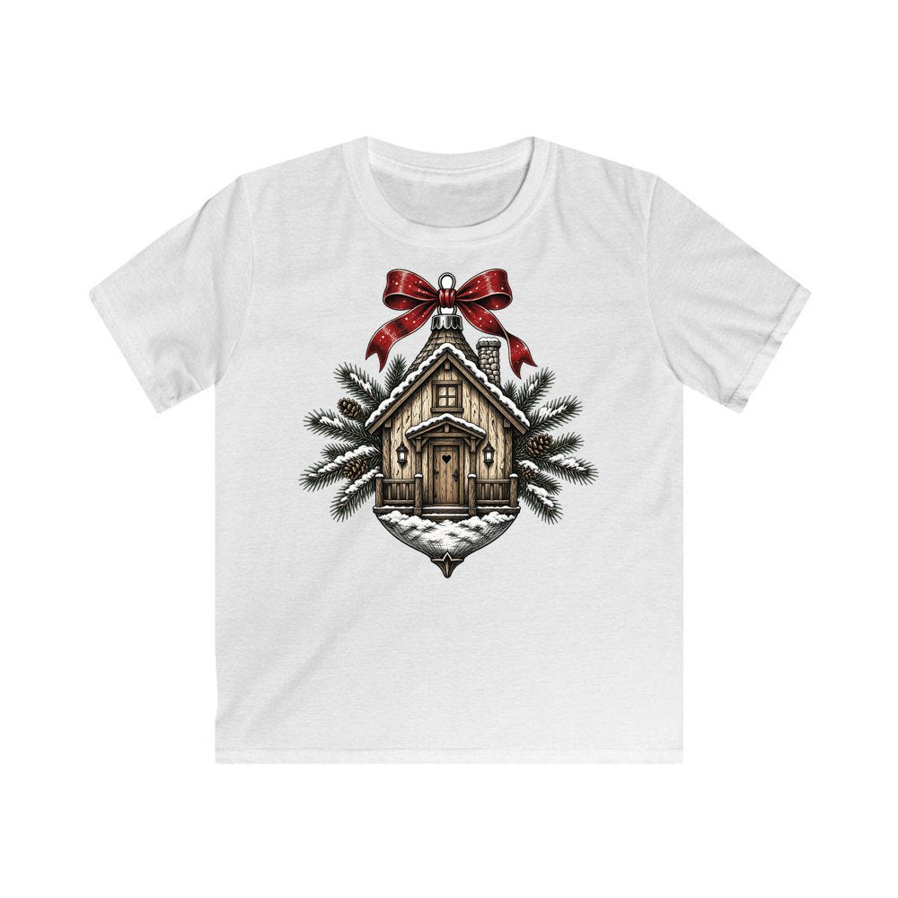 Log Cabin Bauble Ornament personalised kids Christmas tee in white