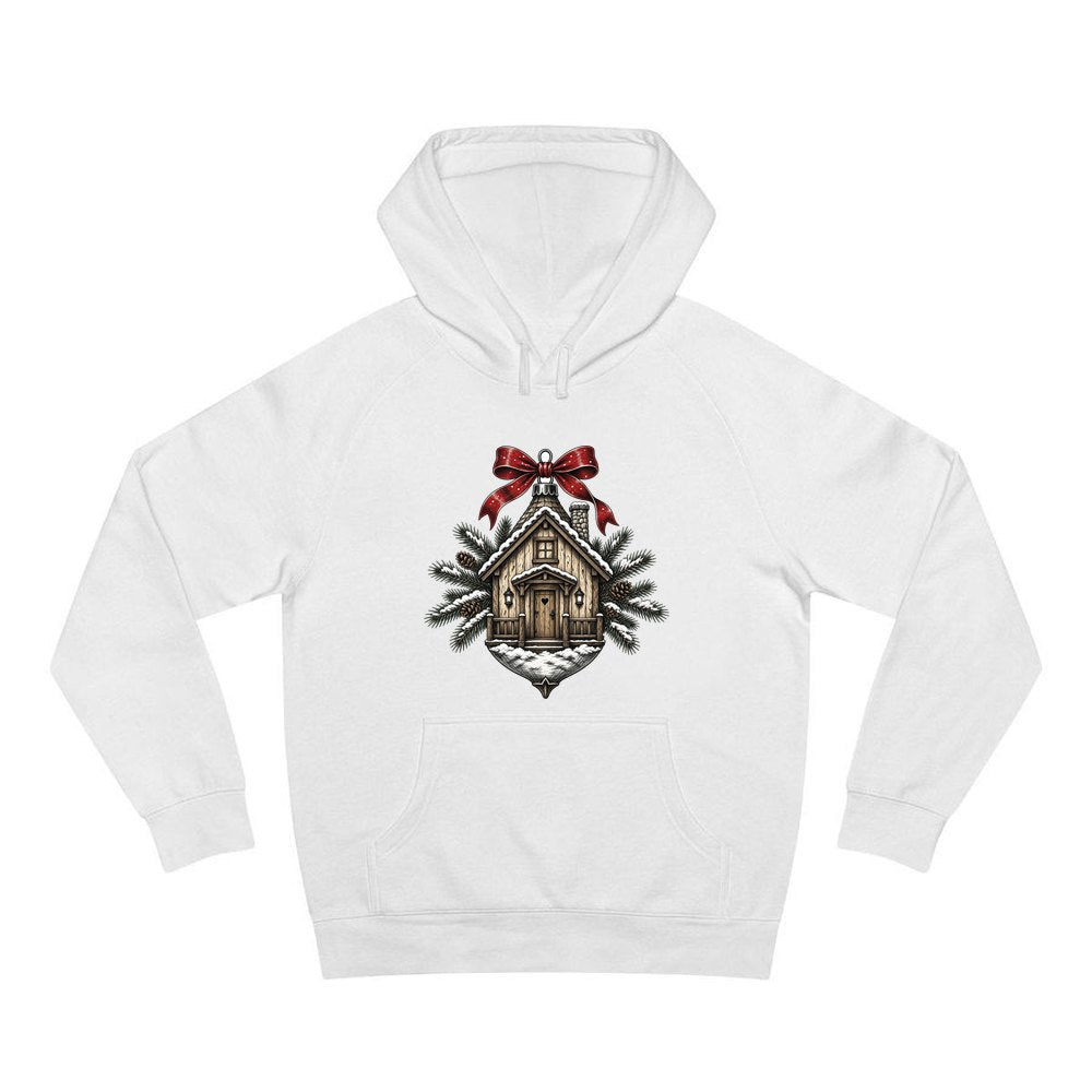 Log Cabin Bauble Ornament personalised Christmas hoodie in white