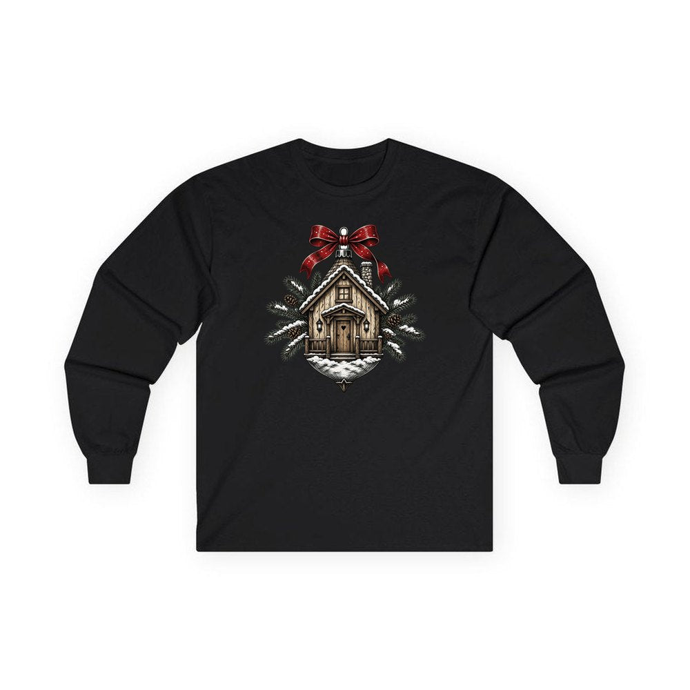 Log Cabin Bauble Ornament personalised long sleeve Christmas T-shirt in black