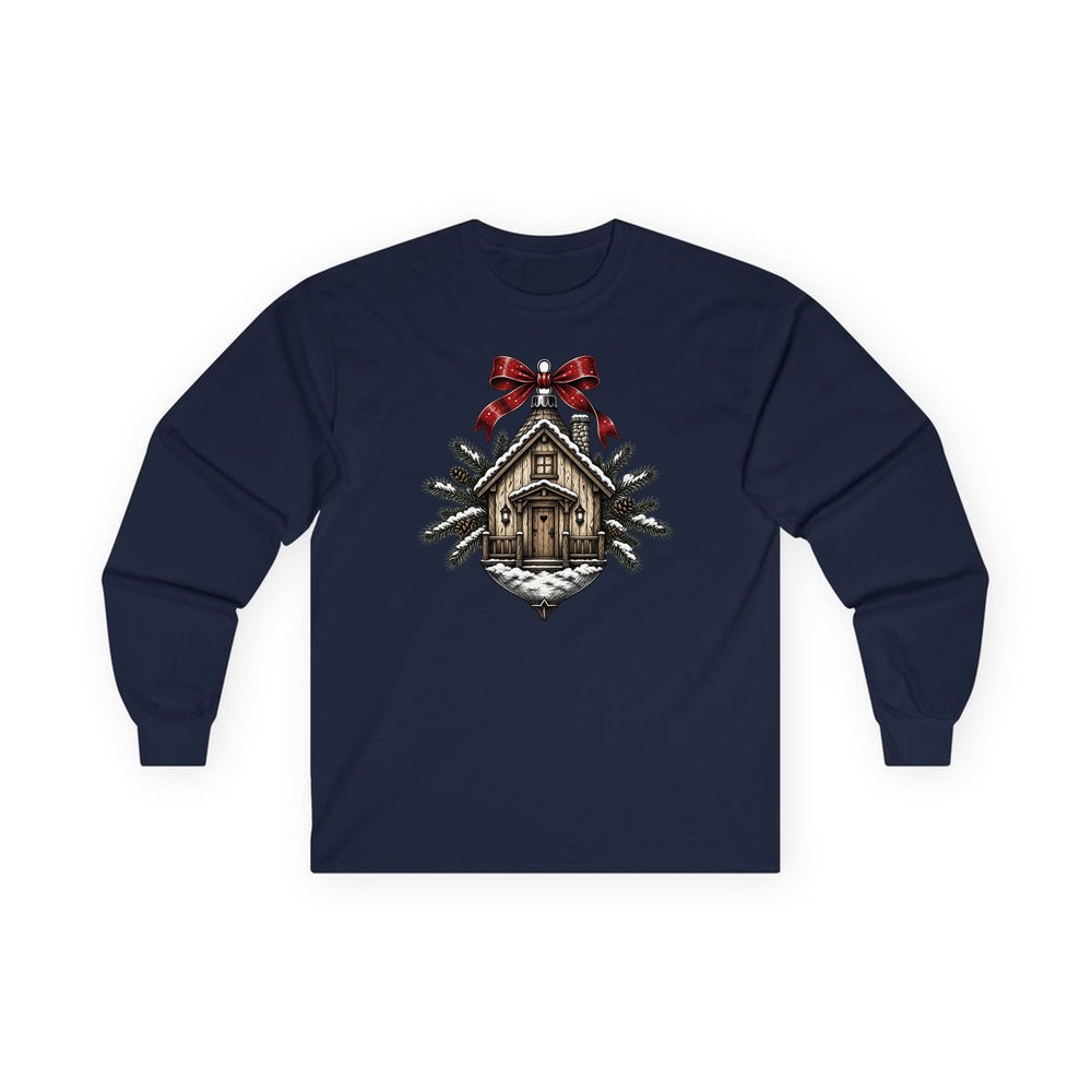 Log Cabin Bauble Ornament personalised long sleeve Christmas T-shirt in navy