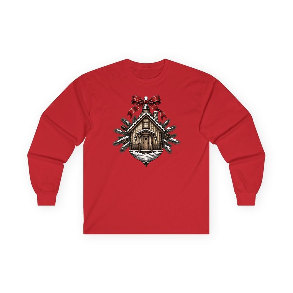Log Cabin Bauble Ornament personalised long sleeve Christmas T-shirt in red