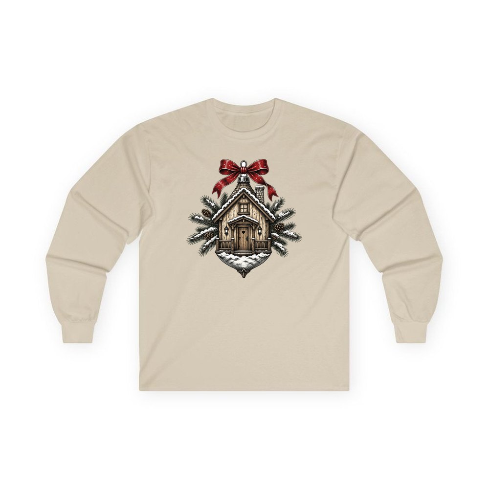 Log Cabin Bauble Ornament personalised long sleeve Christmas T-shirt in sand