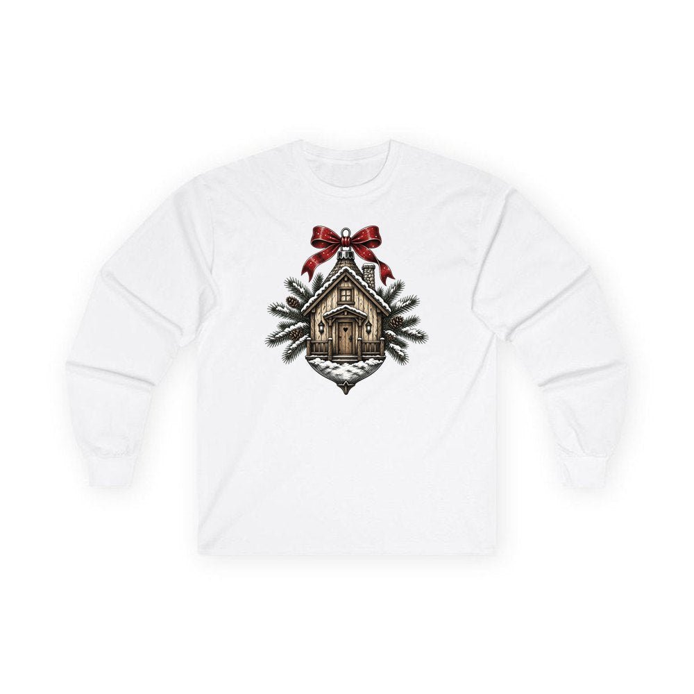 Log Cabin Bauble Ornament personalised long sleeve Christmas T-shirt in white