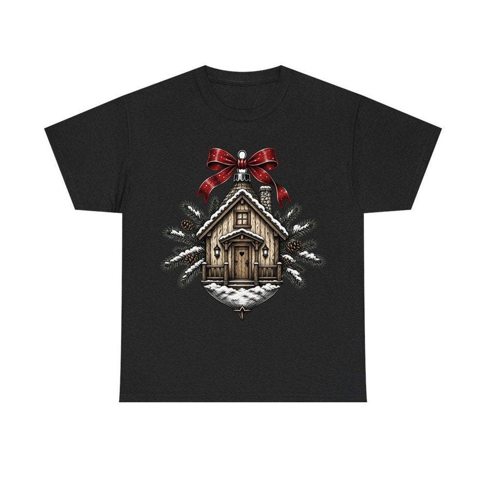 Log Cabin Bauble Ornament personalised Christmas T-shirt in black