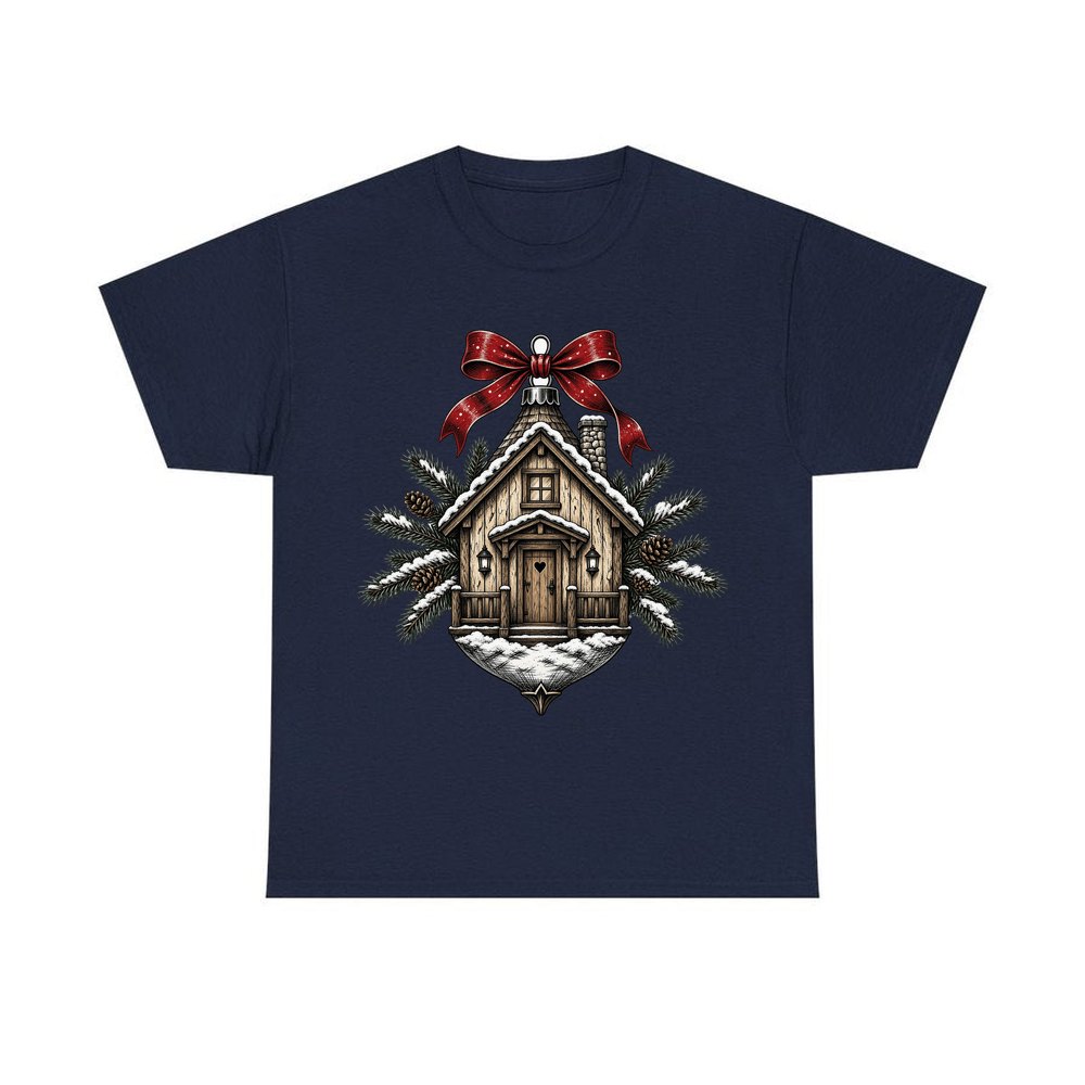 Log Cabin Bauble Ornament personalised Christmas T-shirt in navy