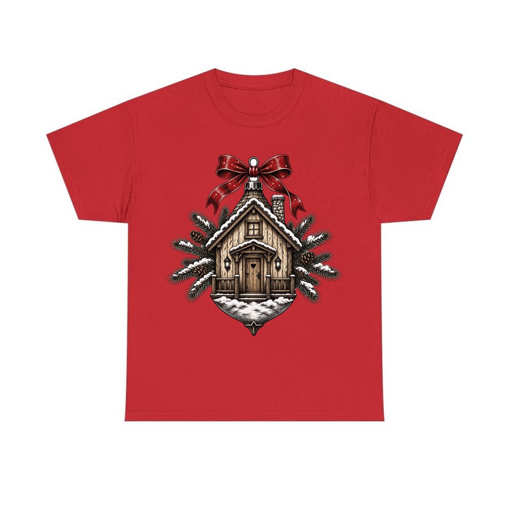 Log Cabin Bauble Ornament personalised Christmas T-shirt in red