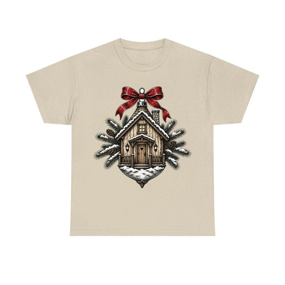 Log Cabin Bauble Ornament personalised Christmas T-shirt in sand