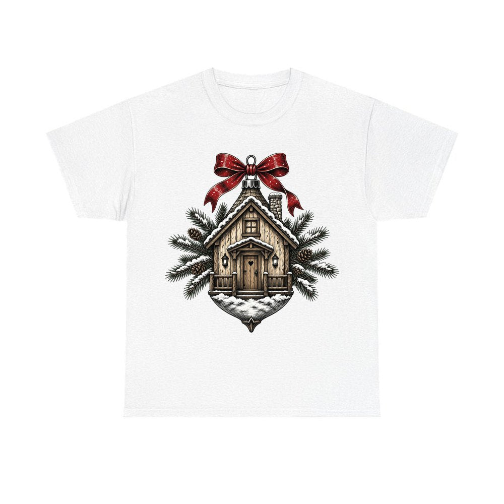 Log Cabin Bauble Ornament personalised Christmas T-shirt in white