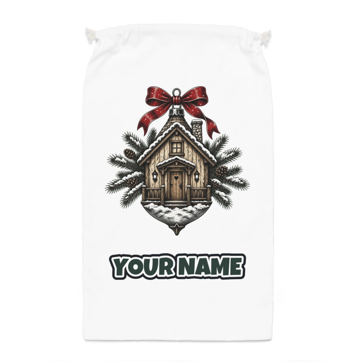 Log Cabin Bauble Ornament Santa sack laid flat, showing the full print