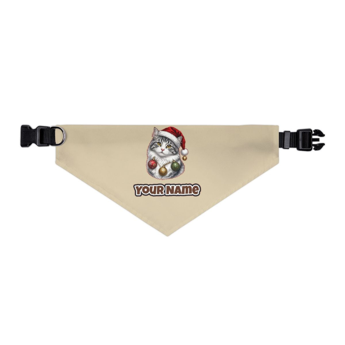 Longhair Cat personalised Christmas pet bandana in beige, collar with buckle