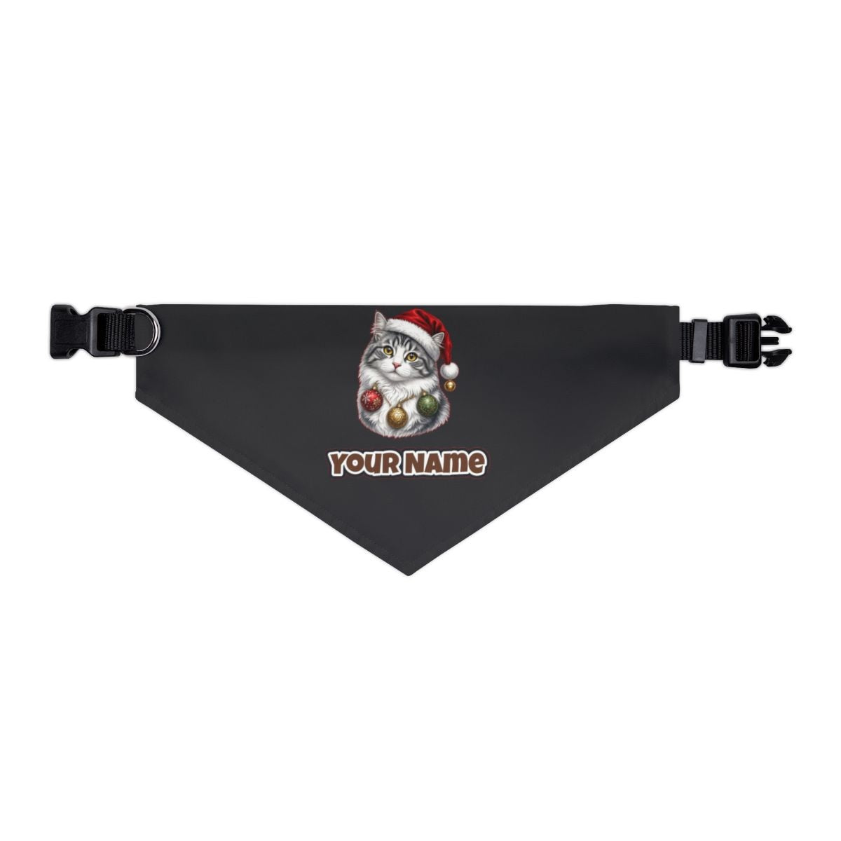 Longhair Cat personalised Christmas pet bandana in black, collar with buckle