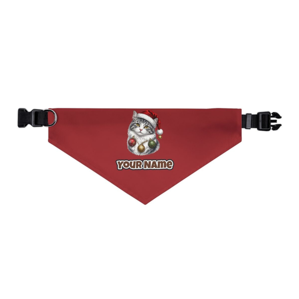 Longhair Cat personalised Christmas pet bandana in red, collar with buckle