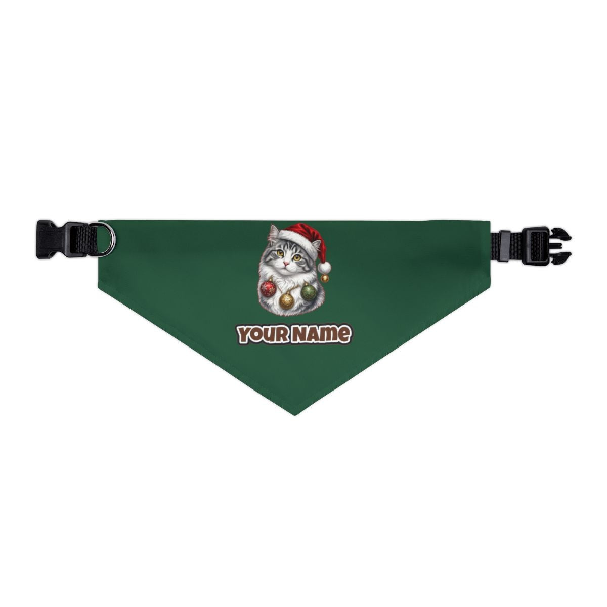 Longhair Cat personalised Christmas pet bandana in green, collar with buckle