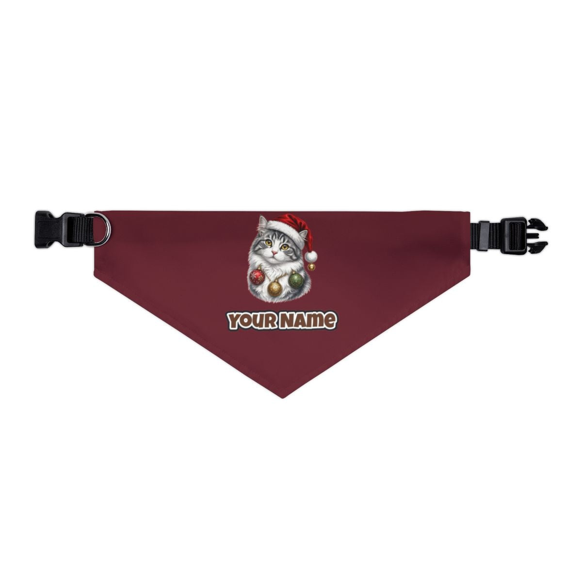 Longhair Cat personalised Christmas pet bandana in maroon, collar with buckle