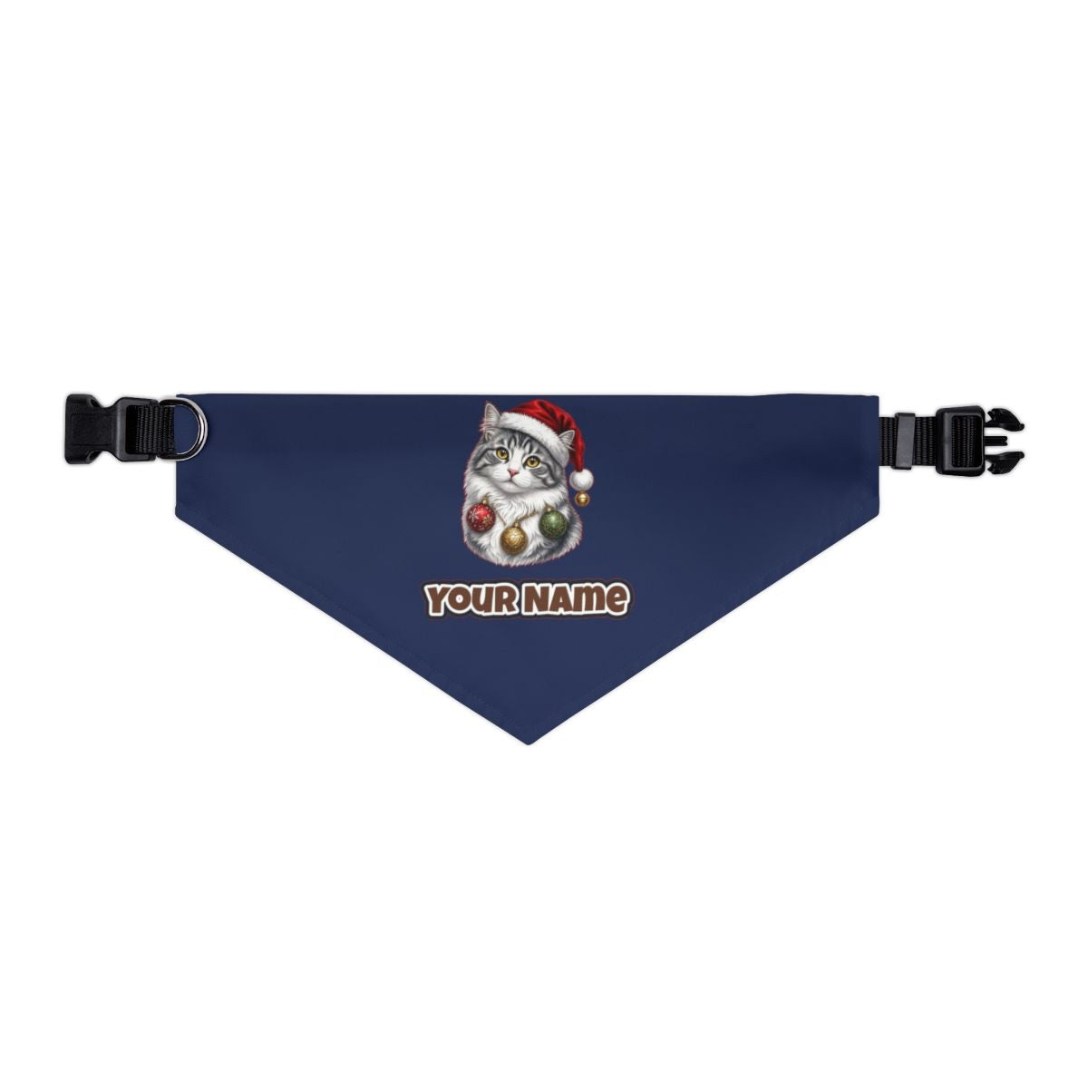 Longhair Cat personalised Christmas pet bandana in navy, collar with buckle