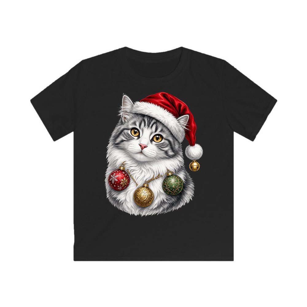 Longhair Cat personalised kids Christmas tee in black