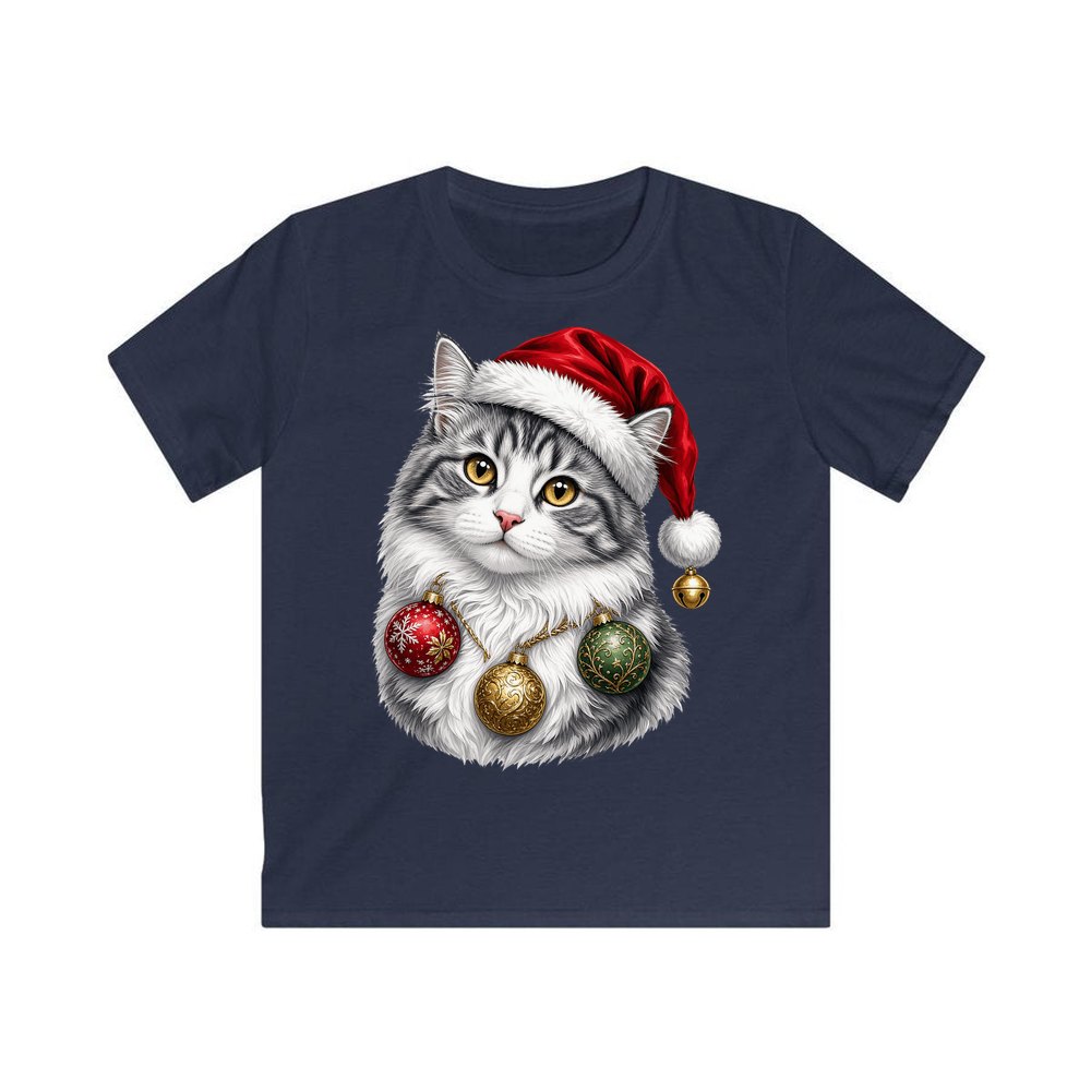 Longhair Cat personalised kids Christmas tee in navy