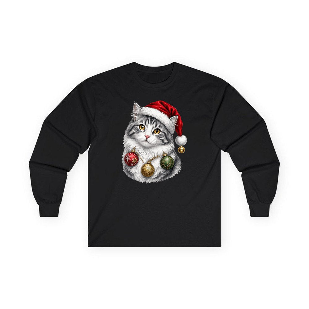 Longhair Cat personalised long sleeve Christmas T-shirt in black