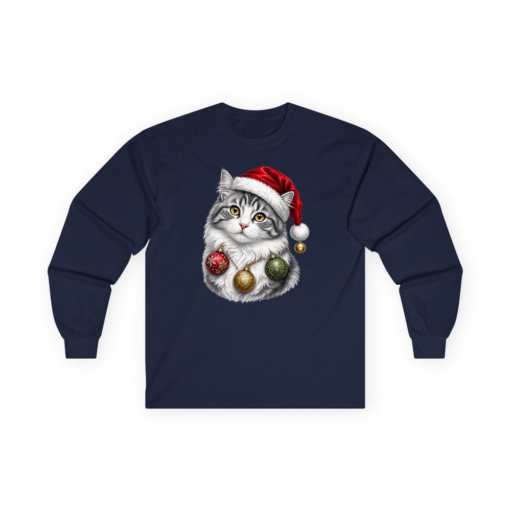 Longhair Cat personalised long sleeve Christmas T-shirt in navy