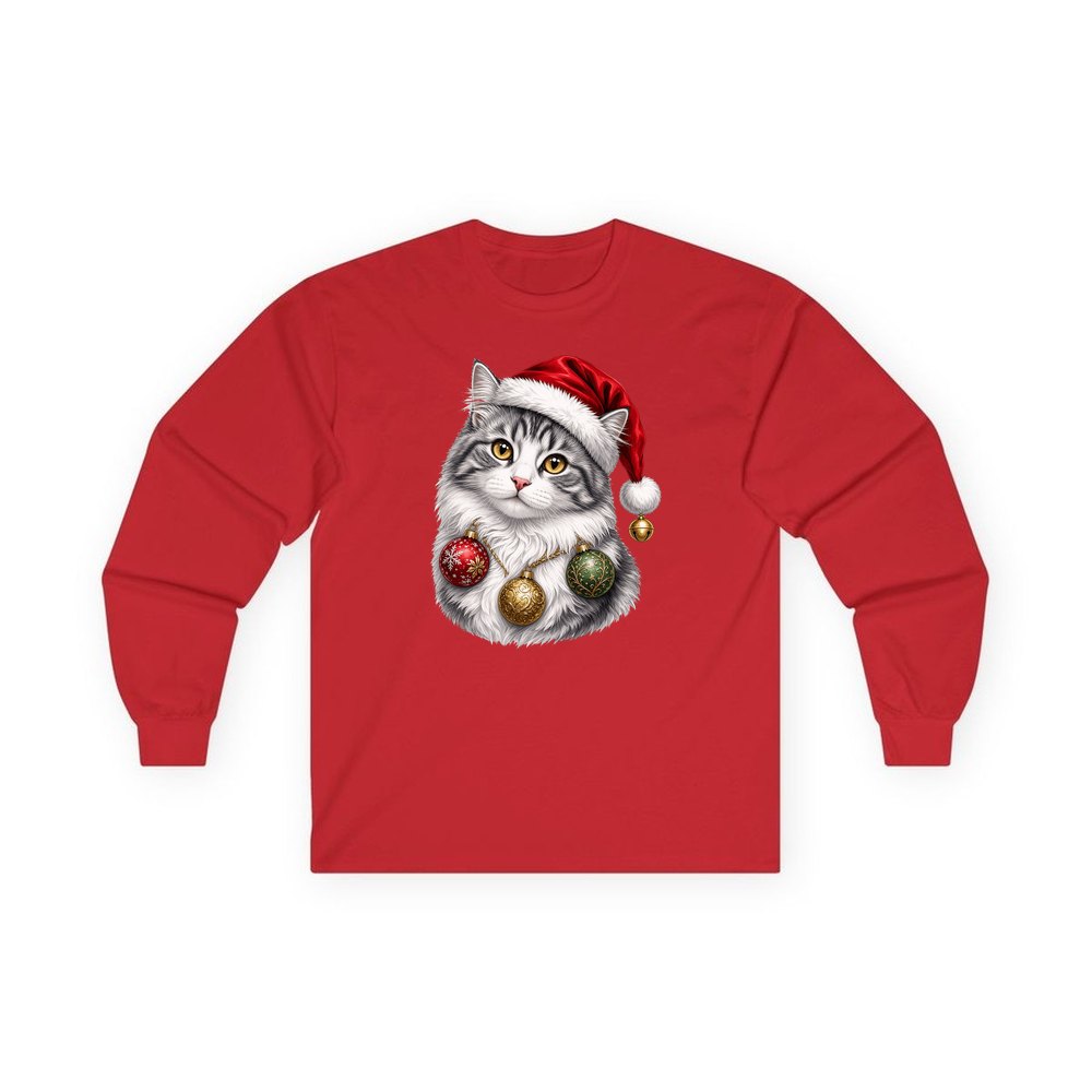 Longhair Cat personalised long sleeve Christmas T-shirt in red