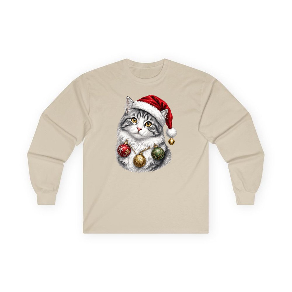Longhair Cat personalised long sleeve Christmas T-shirt in sand