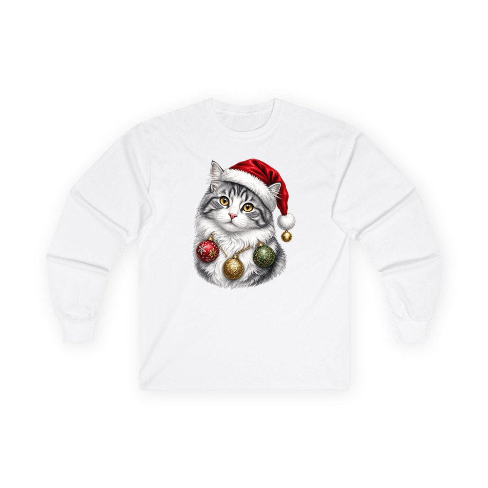 Longhair Cat personalised long sleeve Christmas T-shirt in white