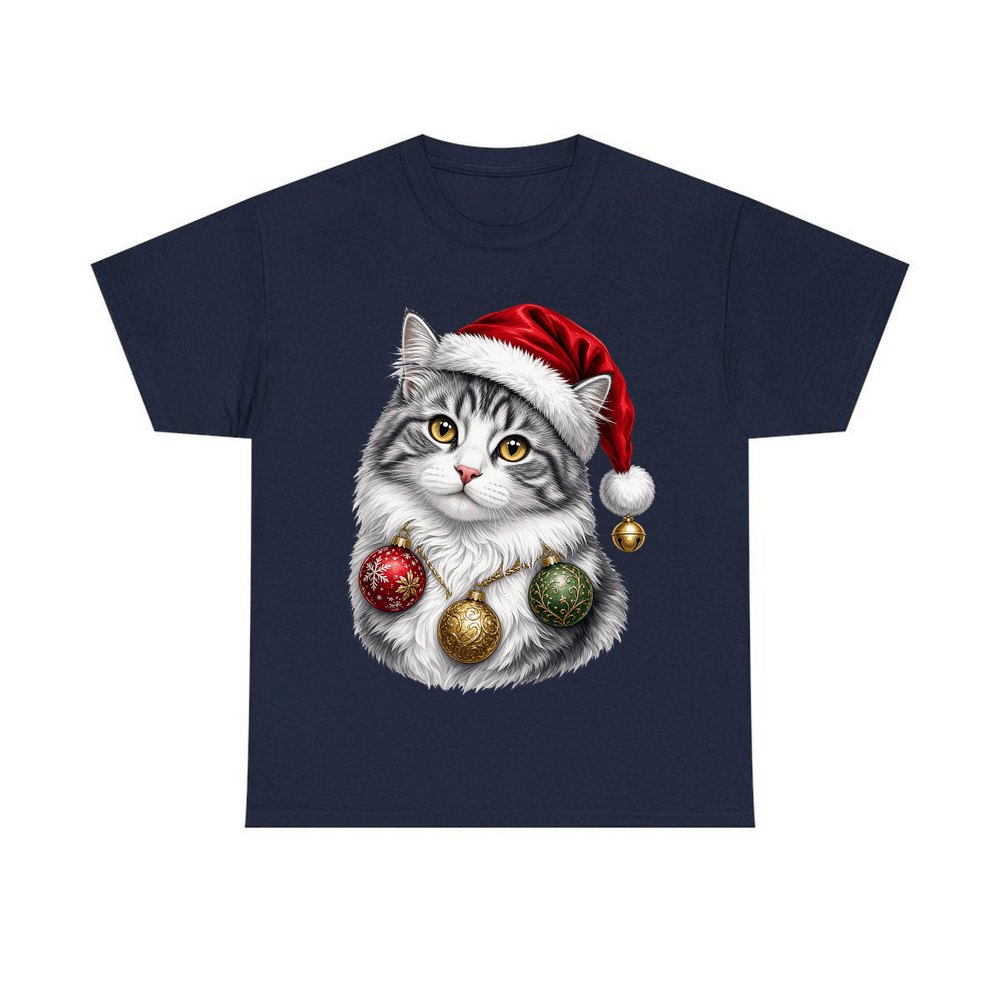 Longhair Cat personalised Christmas T-shirt in navy